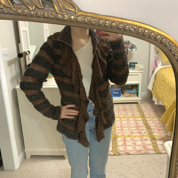 Woven Crochet Cardigan S Open Ruffle Collar Sweater Striped Brown Handmade - Picture 1 of 4